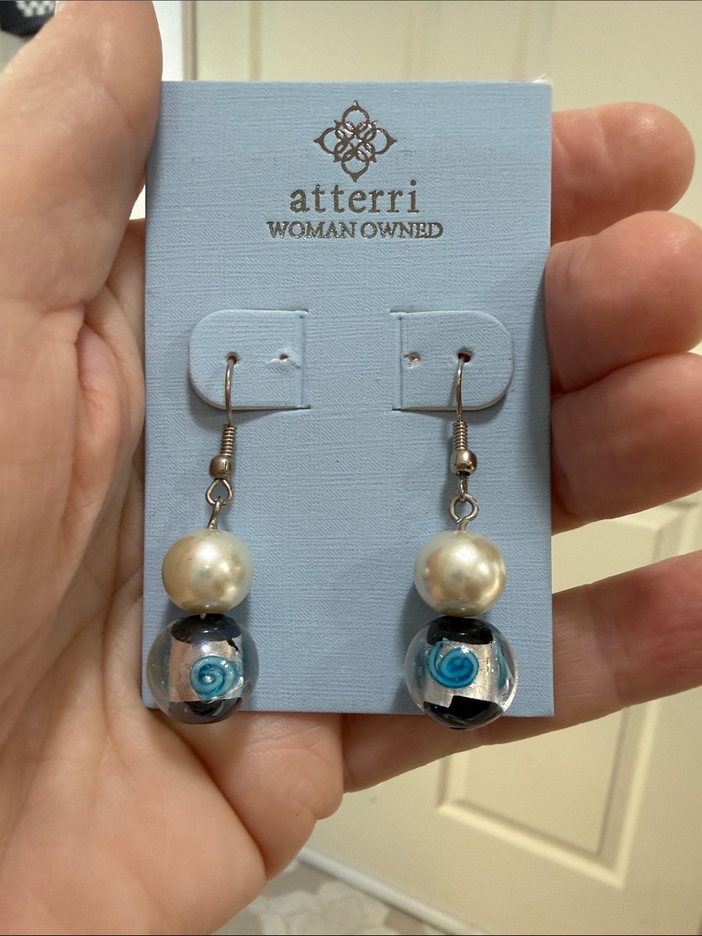 Atterri Pearl Drop Earrings with Blue Rose Glass Bead